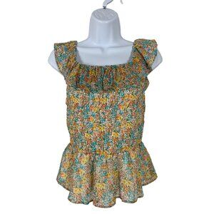 Lauren Conrad Floral Pleated Smocked Ruffle Sleeveless Top Peplum Blouse Small